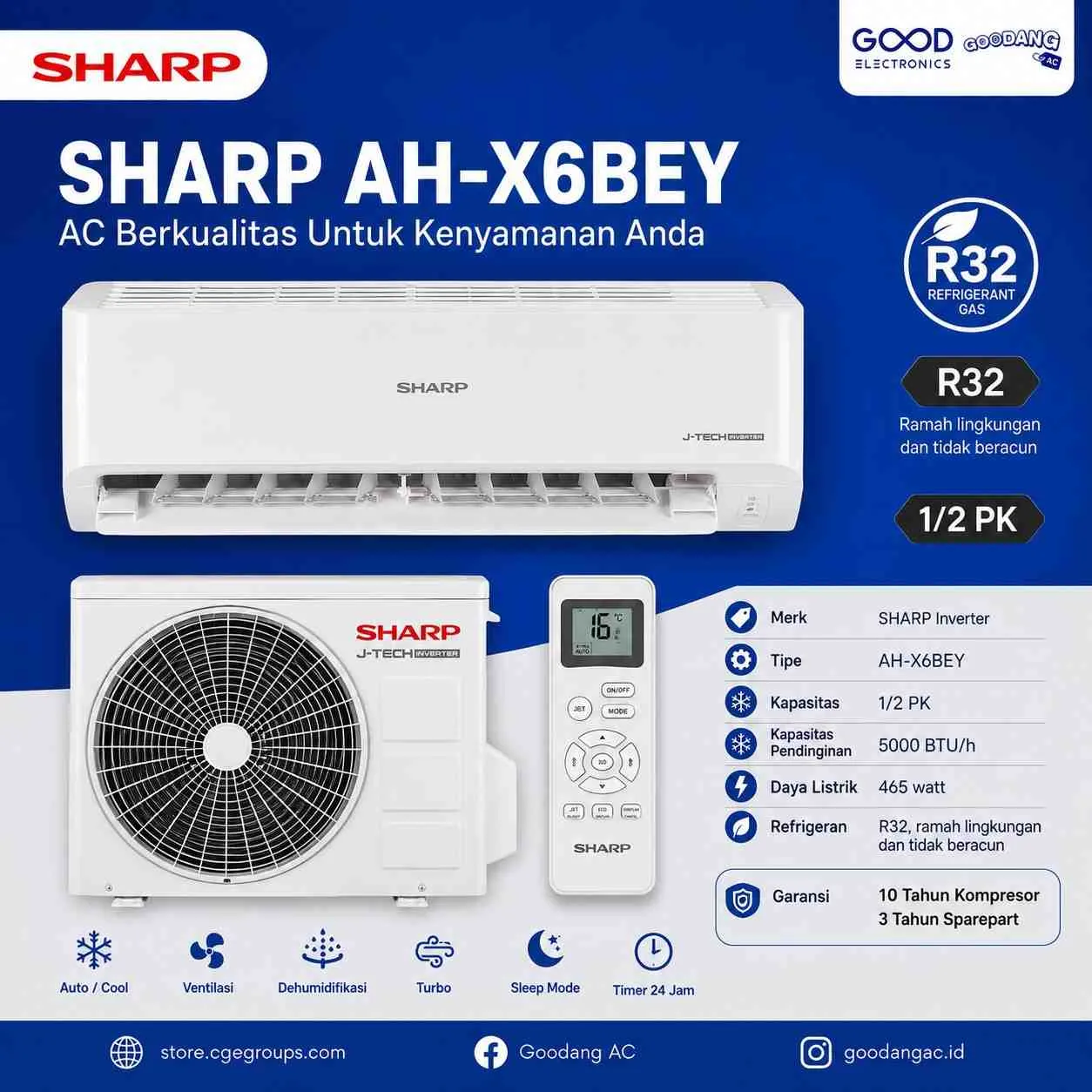 Unit Ac Merk SHARP Inverter AH-X6BEY1/2 Pk	