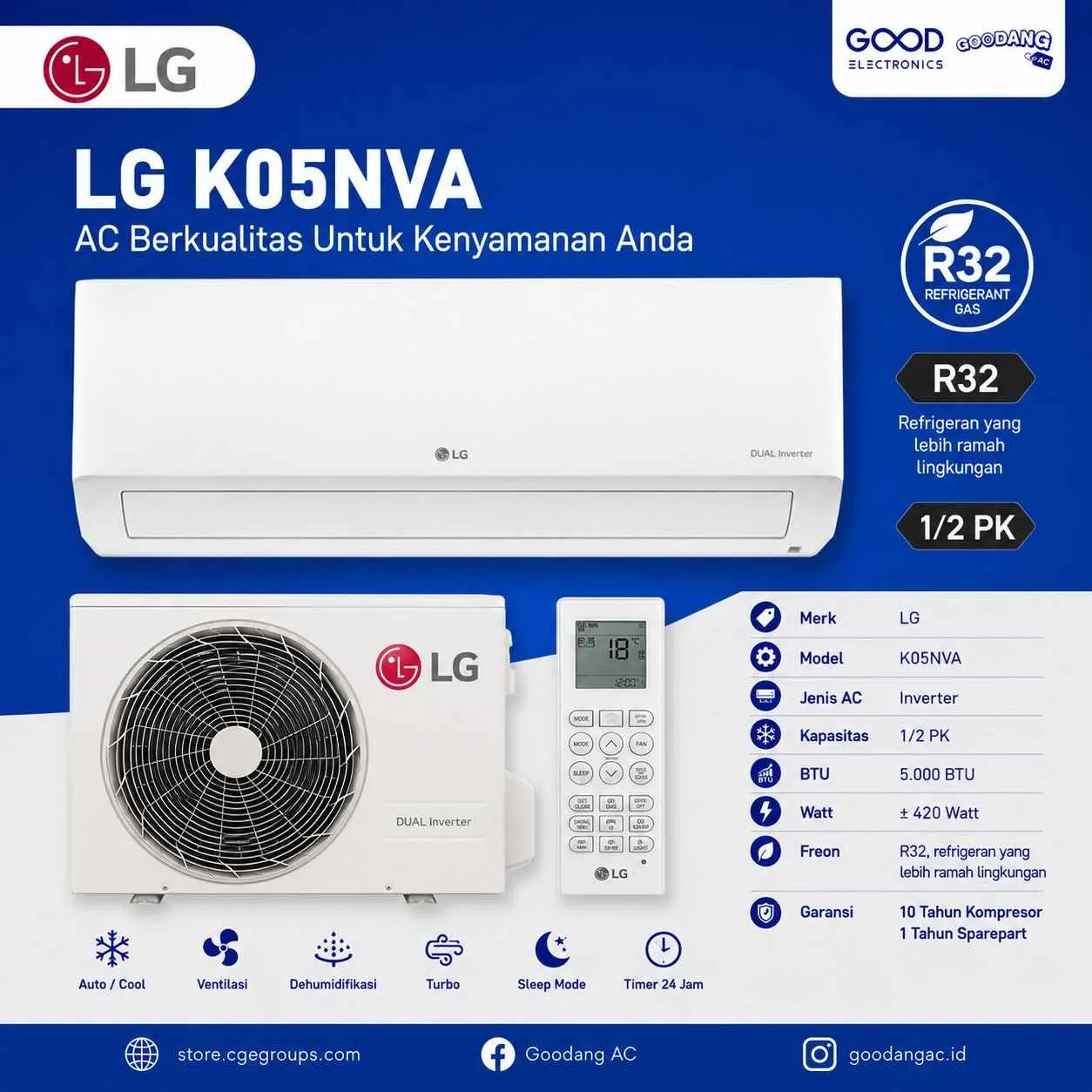 Unit Ac Merk LG Inverter K05NVA 1/2 Pk