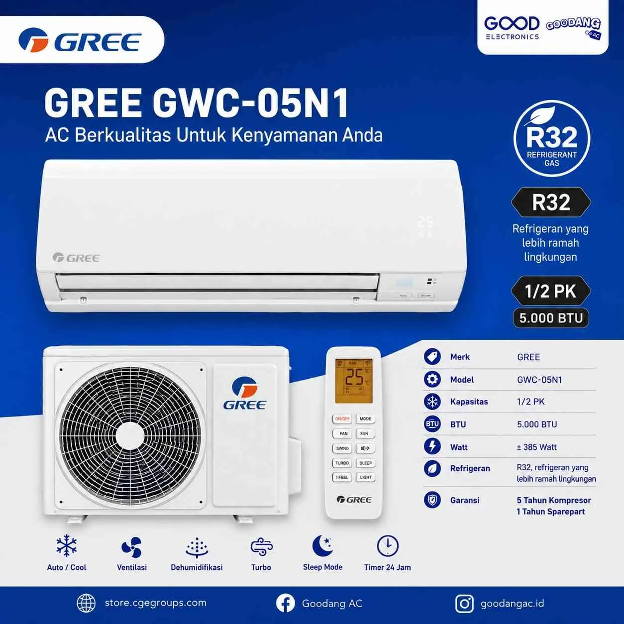 Unit Ac Merk GREE GWC-05N1 1/2 Pk