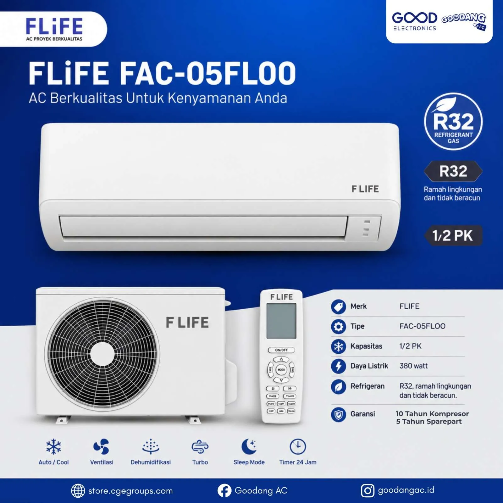 Unit Ac Merk FLIFE FAC-05FLOO 1/2 Pk
